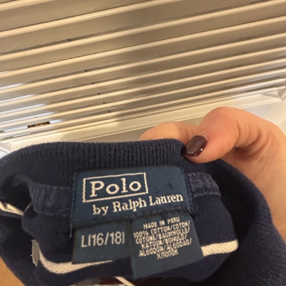 Polo by Ralph Lauren Navy Blue Striped Short Sleeve Polo Shirt Boys Size L 16/18 - Picture 4 of 4